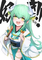 Rule 34 | 1girl, blush, breasts, dragon girl, dragon horns, fate/grand order, fate (series), folding fan, from above, green hair, hair ornament, hand fan, highres, holding, holding fan, horns, iwao (pixiv258710), japanese clothes, kimono, kiyohime (fate), long hair, looking at viewer, multiple horns, open mouth, sash, small breasts, smile, solo, yellow eyes