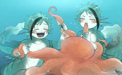 2boys animal aqua_hair blue_background brothers claws closed_eyes commentary_request eating eel_boy fins floyd_leech gills head_fins jade_leech madara6k male_focus monster_boy multiple_boys octopus sharp_teeth short_hair siblings teeth twins twisted_wonderland underwater