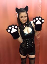Rule 34 | 1girl, animal ears, animal hands, bell, black legwear, breasts, brown eyes, brown hair, cat ears, cat paws, cleavage, female focus, gloves, highres, indoors, japanese (nationality), large breasts, looking at viewer, paw gloves, photo (medium), see-through, smile, solo, standing, tagme, teeth, yoshikawa aimi