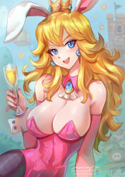 Rule 34 | 1girl, ? block, alcohol, animal ears, bare shoulders, blonde hair, blue eyes, blush, bowser, breasts, champagne, champagne flute, cleavage, commentary, covered navel, cup, detached collar, drinking glass, earrings, english commentary, fishnet pantyhose, fishnets, hair between eyes, highres, holding, holding cup, jammeryx, jewelry, large breasts, leotard, light blush, long hair, looking at viewer, mario, mario (series), messy hair, nintendo, open mouth, outdoors, pantyhose, pink leotard, playboy bunny, princess peach, purple pantyhose, rabbit ears, sitting, strapless, strapless leotard, super mario bros. 1, toad (mario), upper body, yokozuwari