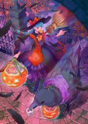 Rule 34 | 1girl, absurdres, animal, autumn leaves, bird, blue eyes, blue hair, blush, bow, bowtie, brooch, broom, candy, crow, dress, fence, food, food in mouth, frilled dress, frills, halloween, halloween bucket, hat, hat bow, highres, index finger raised, iron fence, jack-o&#039;-lantern brooch, jewelry, lollipop, long hair, long sleeves, mouth hold, otsuzaka, outdoors, oversized animal, pantyhose, solo, swirl lollipop, very long hair, witch, witch hat