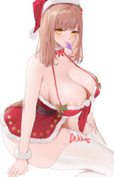 Rule 34 | 1girl, absurdres, areola slip, blush, bow, breasts, brown hair, cleavage, commentary, condom, condom in mouth, condom wrapper, detached collar, dress, emma (nikke), english commentary, goddess of victory: nikke, hat, highres, large breasts, looking at viewer, mouth hold, pom pom (clothes), santa costume, santa dress, santa hat, sitting, star (symbol), thighhighs, white background, yellow eyes, zhudouzi
