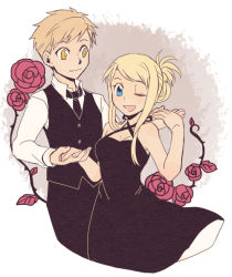 Rule 34 | 1boy, 1girl, ;d, alphonse elric, bare arms, bare shoulders, black dress, black pants, blonde hair, blue eyes, breasts, dress, fingernails, floating, flower, formal, fullmetal alchemist, happy, height difference, holding hands, leaf, long sleeves, looking at another, necktie, one eye closed, open mouth, pants, pink flower, pink rose, purple background, rose, shirou (vista), shirt, short hair, simple background, sleeveless, sleeveless dress, smile, standing, thorns, upper body, waistcoat, white background, white shirt, winry rockbell, yellow eyes