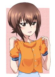 Rule 34 | 1girl, blouse, blue shirt, blush, brown eyes, brown hair, commentary, girls und panzer, holding, holding clothes, holding shirt, kayabakoro, looking at viewer, nishizumi maho, open mouth, orange shirt, outside border, pink background, shirt, short hair, smile, solo, upper body