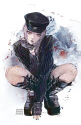 Rule 34 | 1girl, abstract background, arm between legs, black footwear, black gloves, black jacket, black nails, boots, buckle, chain necklace, chainsaw man, ear piercing, eyeshadow, fami (chainsaw man), fingerless gloves, fingernails, fishnets, full body, gloves, hat, head rest, highres, jacket, jewelry, looking at viewer, makeup, military hat, mole, mole under eye, mole under mouth, multiple moles, necklace, parted lips, phoneafrog, piercing, platform boots, platform footwear, red eyes, ringed eyes, short hair, silver trim, solo, squatting, striped clothes, striped jacket, twitter username, white background