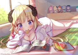 Rule 34 | 1girl, absurdres, ahoge, alternate costume, amane kanata, animal ears, bare legs, barefoot, blonde hair, blurry, blush, breasts, casual, character doll, chips (food), cleavage, closed mouth, commentary, curtains, day, depth of field, eating, food, hand on own cheek, hand on own face, highres, himemori luna, hololive, hood, hoodie, horns, indoors, kiryu coco, kugatsu tooka, long hair, long sleeves, looking down, lying, magazine (object), medium breasts, mouth hold, on side, potato chips, purple eyes, reading, sheep ears, sheep horns, solo, sunlight, tokoyami towa, tsunomaki watame, twitter username, virtual youtuber, white hoodie, window