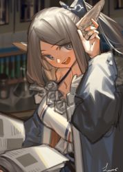 Rule 34 | 1girl, animal ears, arknights, blue bow, blue jacket, blurry, book, bow, breasts, brown hair, depth of field, dress, fox ears, hair bow, holding, holding book, indoors, jacket, lanzi (415460661), large breasts, looking at viewer, open book, open clothes, open jacket, open mouth, perfumer (arknights), ponytail, sidelocks, signature, sketch, solo, teeth, upper body, upper teeth only, white dress