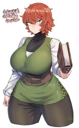 Rule 34 | 1girl, belt, black pants, book, breasts, copyright request, cowboy shot, cropped legs, highres, holding, holding book, huge breasts, legs apart, looking at viewer, pants, pantyhose, red eyes, red hair, short hair, skirt, solo, spacezin, thick thighs, thighs, translation request, tsurime, tunic