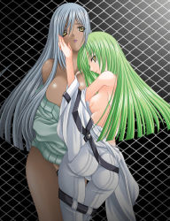 Rule 34 | 00s, 2girls, ass, bodysuit, breasts, c.c., cleavage, code geass, dark skin, dark-skinned female, hand on another&#039;s face, large breasts, long hair, multiple girls, naked sweater, rikky, sweater, thigh gap, thighs, undressing, very long hair, villetta nu, villetta nu (amnesia), yuri