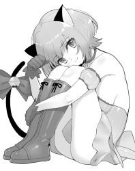 Rule 34 | 1girl, animal ears, bell, boots, bow, breasts, cat ears, cat tail, closed mouth, detached sleeves, dress, greyscale, head tilt, highres, hugging own legs, jingle bell, looking at viewer, medium breasts, medium hair, momomiya ichigo, monochrome, ohlia, paw pose, puffy detached sleeves, puffy short sleeves, puffy sleeves, short dress, short sleeves, sideboob, simple background, smile, solo, strapless, strapless dress, tail, tail bell, tail bow, tail ornament, tail raised, tokyo mew mew, white background