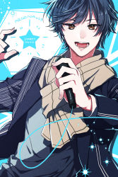 Rule 34 | 1boy, bishounen, blouse, blue background, blue hair, brown eyes, dated, from argonavis, grey shirt, group name, highres, holding, holding microphone, kushidori2, male focus, microphone, nanahoshi ren, open mouth, scarf, shirt, smile, solo, sparkle, star (symbol)