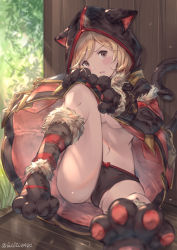 Rule 34 | 1girl, against wall, alternate costume, animal ears, animal hands, animal hood, bad id, bad pixiv id, black panties, blonde hair, blurry, blush, bow, bow panties, breasts, brown eyes, capelet, cat ears, cat tail, commentary, day, depth of field, djeeta (granblue fantasy), fake animal ears, fur trim, gloves, granblue fantasy, grass, head tilt, highres, hood, hood up, kemonomimi mode, looking at viewer, medium breasts, milli little, navel, no pants, on floor, open mouth, panties, parted lips, paw gloves, paw shoes, shoes, short hair, sitting, solo, spread legs, sunlight, tail, underboob, underwear, wooden floor, wooden wall
