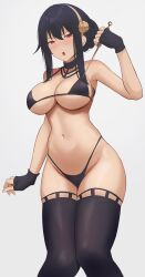 Rule 34 | 1girl, :o, absurdres, bikini, black bikini, black gloves, black hair, black thighhighs, blush, breasts, dagger, fingerless gloves, frown, gloves, gold hairband, hair bun, hairband, highleg, highleg bikini, highres, holding, holding dagger, holding knife, holding weapon, knees together feet apart, knife, large breasts, long hair, looking at viewer, micro bikini, navel, nose blush, red eyes, sidelocks, skindentation, solo, spy x family, stiletto (weapon), stomach, string bikini, swimsuit, thighhighs, thighs, v-shaped eyebrows, wabimochi, weapon, yor briar