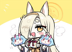 Rule 34 | 1girl, animal ears, blonde hair, blue archive, blush, breasts, chan co, chibi, chise (blue archive), detached sleeves, fox ears, hair over one eye, hairband, halo, holding, japanese clothes, kaho (blue archive), kimono, large breasts, long hair, mole, mole under mouth, open mouth, saliva, solo, thick eyebrows, wide sleeves, yellow eyes