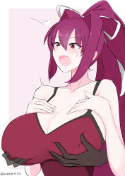 Rule 34 | 1girl, bare shoulders, grabbing another&#039;s breast, breast suppress, breasts, camisole, disembodied hand, grabbing, grabbing from behind, groping, hair ribbon, high ponytail, highres, large breasts, open mouth, purple hair, red camisole, red eyes, ribbon, signature, surprised, tears, tomo (bacantshift1st), tongue, tsu-mo3, under night in-birth, white ribbon, yuzuriha (under night in-birth)