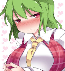 Rule 34 | 1girl, bad id, bad pixiv id, between breasts, blush, breast hold, breasts, collared shirt, eyebrows, frown, green hair, hair between eyes, hammer (sunset beach), heart, heart background, huge breasts, kazami yuuka, large breasts, long sleeves, looking at viewer, necktie, necktie between breasts, nose blush, plaid, plaid vest, red eyes, red vest, shirt, short hair, shy, simple background, solo, touhou, tsurime, upper body, vest, wavy mouth, white shirt, yellow necktie