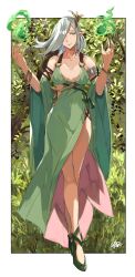 Rule 34 | 1girl, armlet, bare shoulders, border, bracelet, breasts, closed mouth, clothing cutout, cocktail dress, collarbone, commentary, commission, covered navel, detached sleeves, dress, elf, english commentary, grass, green dress, green eyes, green footwear, grey hair, hair over one eye, highres, jewelry, leaf, lips, long hair, looking at viewer, magic, medium breasts, nature, one eye covered, original, outside border, plant, pointy ears, sakuremi, signature, solo, swept bangs, tree, white border, wide sleeves