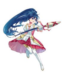 Rule 34 | 1girl, aged down, blue eyes, blue hair, boots, braid, dress, female focus, fire emblem, fire emblem: the sacred stones, fire emblem heroes, full body, hanekoto, high ponytail, highres, holding, holding polearm, holding spear, holding weapon, long hair, matching hair/eyes, nintendo, official art, polearm, ponytail, solo, spear, tana (fire emblem), thigh boots, thighhighs, transparent background, twin braids, weapon, white thighhighs
