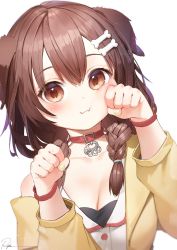 Rule 34 | 1girl, :3, animal ears, black hair, blush, bone hair ornament, braid, breasts, brown eyes, brown hair, cleavage, closed mouth, collar, hair ornament, hand on own cheek, hand on own face, highres, hololive, inugami korone, inugami korone (1st costume), jacket, long hair, long sleeves, looking at viewer, nail polish, open clothes, open jacket, paw pose, red collar, revision, ryota (ry o ta), shirt, simple background, solo, twin braids, upper body, virtual youtuber, white background, white shirt, yellow jacket, yellow nails