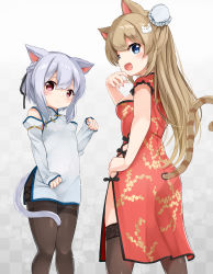 Rule 34 | 2girls, animal ears, black ribbon, blue eyes, blush, braid, breasts, brown hair, brown legwear, cat ears, cat girl, cat tail, checkered background, china dress, chinese clothes, closed mouth, commentary request, detached sleeves, dress, gradient background, grey background, hair between eyes, hair bun, hair ribbon, hand up, highres, long hair, long sleeves, looking at viewer, medium breasts, multiple girls, original, pantyhose, paw pose, red dress, red eyes, ribbon, short sleeves, silver hair, single hair bun, single side bun, sleeveless, sleeveless dress, sleeves past wrists, smile, sora (silent square), striped tail, tail, thighband pantyhose, thighhighs, very long hair, white background, white dress, white sleeves