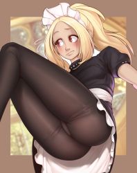 Rule 34 | 1girl, absurdres, ass, blonde hair, breasts, closed mouth, dark skin, dark-skinned female, gravity daze, highres, kitten (gravity daze), legs, long hair, maid, nickleflick, pantyhose, ponytail, red eyes, solo, third-party source