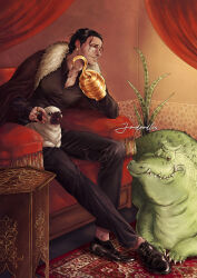 Rule 34 | 1boy, aloe (plant), animal, animal on lap, black coat, black hair, black shirt, coat, couch, crocodile, crocodile (one piece), crocodilian, dog, elbow rest, fur trim, hair slicked back, highres, hook hand, indoors, jewelry, joujou (joudoodles), male focus, multiple rings, on couch, on lap, one piece, pectorals, plant, potted plant, pug, red curtains, ring, scar, scar on face, shirt, short hair, sitting, smile