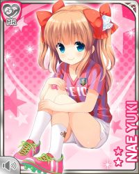 Rule 34 | 1girl, blue eyes, bow, brown hair, card (medium), closed mouth, girlfriend (kari), hair bow, looking at viewer, official art, pink background, qp:flapper, red shirt, school uniform, shirt, shoes, shorts, sitting, smile, soccer uniform, solo, sportswear, tagme, two side up, white shorts, yuuki nae