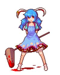Rule 34 | 1girl, :o, ambiguous red liquid, animal ears, arms behind back, bad id, bad pixiv id, bloomers, blue hair, dress, ear piercing, full body, ichi et, kine, looking at viewer, low twintails, lowres, mallet, moon print, piercing, pixel art, rabbit ears, red eyes, seiran (touhou), socks, solo, star (symbol), star print, touhou, transparent background, twintails, underwear