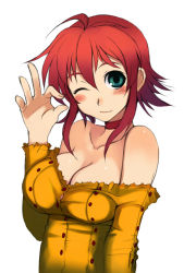 Rule 34 | 1girl, bare shoulders, blush, breasts, choker, cleavage, green eyes, kusanagi tonbo, large breasts, one eye closed, original, red hair, simple background, solo, white background, wink