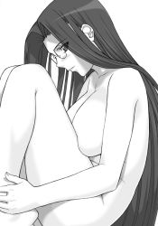 Rule 34 | 00s, 1girl, breasts, fate/stay night, fate (series), glasses, greyscale, large breasts, long hair, medusa (fate), medusa (rider) (fate), monochrome, nude, shichimenchou, solo, square pupils
