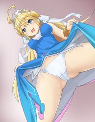 Rule 34 | 1girl, :d, absurdres, ahoge, blonde hair, blue dress, blush, bracelet, clothes lift, commission, dragalia lost, dress, dress lift, hair ornament, highres, jewelry, lifted by self, long hair, looking at viewer, open mouth, panties, pixiv commission, smile, solo, tiara, underwear, yenn8, zethia