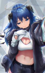 Rule 34 | 1girl, arknights, black halo, black jacket, black shorts, blue eyes, blue hair, breasts, cleavage, closed mouth, clothes lift, dark halo, demon horns, detached wings, energy wings, fallen angel, fur-trimmed hood, fur-trimmed jacket, fur trim, halo, highres, hood, hooded jacket, horns, jacket, large breasts, lifting own clothes, long hair, long sleeves, looking at viewer, mostima (arknights), navel, open clothes, open jacket, shirt, shirt lift, short shorts, shorts, smile, solo, sports bra, stomach, terebi-, white shirt, white sports bra, wings