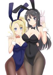 Rule 34 | 10s, 2girls, alternate costume, animal ears, asymmetrical bangs, bad id, bad pixiv id, bare arms, bare shoulders, black hair, black hairband, black legwear, black leotard, black neckwear, blonde hair, blue bunny ears, blue eyes, blue hairband, blue leotard, blush, bow, bowtie, breasts, brown legwear, c:, cellphone, cleavage, closed mouth, covered navel, cowboy shot, detached collar, fake animal ears, grey eyes, grey legwear, hair ornament, hair scrunchie, hairband, hairclip, hand on another&#039;s hip, hand on another&#039;s shoulder, hand up, height difference, highres, holding, holding phone, hug, junk doppel, large breasts, leotard, long hair, looking at viewer, medium breasts, multiple girls, neck, orange neckwear, orange scrunchie, pantyhose, phone, playboy bunny, rabbit ears, rabbit hair ornament, red neckwear, red scrunchie, sakurajima mai, scrunchie, seishun buta yarou, short hair, siblings, side-by-side, side ponytail, sidelocks, simple background, sisters, smartphone, smile, standing, star (symbol), strapless, strapless leotard, toyohama nodoka, v, white background, wrist cuffs