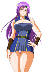 Rule 34 | 1990s (style), 1girl, bare shoulders, blue eyes, breasts, cleavage, covered erect nipples, dress, faris scherwiz, female focus, final fantasy, final fantasy v, headband, large breasts, lime (purple haze), long hair, panties, pantyshot, pink panties, purple hair, retro artstyle, short dress, simple background, solo, underwear, upskirt, white background, wristband