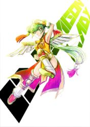 Rule 34 | 10s, 1girl, adapted costume, ahoge, china dress, chinese clothes, double bun, dragon kid, dress, fighting stance, green eyes, green hair, highres, huang baoling, matching hair/eyes, aged up, solo, su sandesu, superhero costume, thighhighs, tiger &amp; bunny, wings