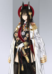 Rule 34 | 1girl, absurdres, animal ear fluff, animal ears, artist request, azur lane, black thighhighs, breasts, brown hair, coat, coat on shoulders, epaulettes, gloves, gold trim, highres, large breasts, long hair, looking at viewer, medal, nagato (azur lane), no panties, aged up, red neckwear, sheath, sheathed, solo, thighhighs, uniform, white coat, white gloves, yellow eyes