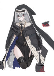 Rule 34 | 1girl, arknights, black capelet, black cloak, black dress, black thighhighs, blood, blood on face, blood splatter, bloody weapon, capelet, chain, chain necklace, cloak, closed mouth, commentary, cowboy shot, death, dress, dual wielding, echj, habit, hair between eyes, highres, holding, jewelry, long hair, looking at viewer, necklace, nun, red eyes, scratches, silver hair, simple background, solo focus, specter (arknights), thigh strap, thighhighs, thighs, veil, walking, weapon, white background