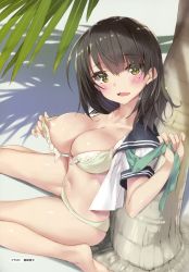 Rule 34 | 1girl, absurdres, black hair, blush, bra, breasts, breasts out, feet, feng, green eyes, highres, large breasts, looking at viewer, nipples, open clothes, open mouth, open shirt, panties, puffy nipples, school uniform, shirt, sitting, smile, solo, tsurusaki takahiro, underwear, undressing