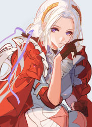 Rule 34 | 1girl, alternate hairstyle, armor, armored dress, bad id, bad pixiv id, breastplate, cape, closed mouth, commentary, edelgard von hresvelg, english commentary, fire emblem, fire emblem: three houses, fire emblem warriors: three hopes, forehead, gloves, grey background, hair ornament, highres, long hair, looking at viewer, nintendo, official alternate costume, purple eyes, purple ribbon, red cape, red gloves, ribbon, satsuya, simple background, sitting, sleeves rolled up, solo, white hair