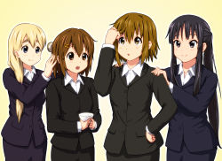 Rule 34 | 4girls, akiyama mio, alternate hairstyle, black eyes, black hair, blazer, blonde hair, blue eyes, blush, brown eyes, brown hair, brushing hair, closed mouth, collared shirt, diesel-turbo, dress shirt, formal, hair between eyes, hair down, hair ornament, hair over shoulder, hairclip, hands on another&#039;s shoulders, hirasawa yui, holding, jacket, k-on!, kotobuki tsumugi, long hair, looking at another, md5 mismatch, multiple girls, open mouth, outline, ponytail, shirt, short hair, simple background, smile, suit, tainaka ritsu, thick eyebrows, white shirt, wing collar, yellow background