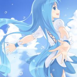 Rule 34 | 10s, 1girl, back, blue eyes, blue hair, cure marine, hair ornament, heart, heartcatch precure!, kurumi erika, long hair, looking back, magical girl, oni1103, open mouth, outstretched arms, precure, ribbon, smile, solo, water, wrist cuffs