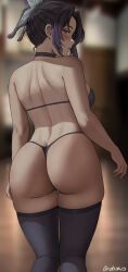 Rule 34 | 1girl, artist name, ass, back, bare shoulders, bikini, black bikini, black choker, black hair, black thighhighs, blurry, blurry background, breasts, choker, from behind, highres, kimetsu no yaiba, kochou shinobu, large breasts, looking at viewer, looking back, oroborus, purple eyes, sidelocks, solo, swimsuit, thighhighs, thighs, thong