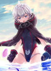 Rule 34 | 1girl, :o, akasaka asa, animal hood, azur lane, bikini, bikini bottom only, black gloves, black one-piece swimsuit, blue one-piece swimsuit, candy, cloud, cloudy sky, commentary request, covered navel, day, fang, food, gloves, gluteal fold, grey eyes, highres, holding, holding candy, holding food, holding lollipop, hood, lollipop, looking at viewer, one-piece swimsuit, open mouth, outdoors, shark hood, short hair, silver hair, skindentation, sky, solo, swimsuit, swirl lollipop, thighhighs, thighs, u-110 (azur lane), wading, water, white bikini, white thighhighs