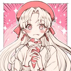 Rule 34 | 1girl, alternate costume, alternate hairstyle, aruti, bow, closed mouth, commentary request, crepe, earrings, ereshkigal (fate), fate/grand order, fate (series), fingernails, food, food on face, fruit, hair bow, hat, highres, holding, holding food, jewelry, limited palette, long hair, long sleeves, looking at viewer, outside border, parted bangs, red bow, red eyes, red hat, red nails, solo, straight-on, strawberry, sweater, symbol-shaped pupils, tongue, tongue out, twitter username