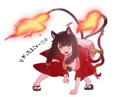 Rule 34 | 1girl, animal ears, bell, braid, cat ears, cat tail, fire, front braid, full body, hair bell, hair ornament, long sleeves, multiple tails, nekomata (youkai hyakki-tan!), official art, open mouth, sandals, simple background, solo, squatting, tail, twin braids, white background, yellow eyes, youkai hyakki-tan!
