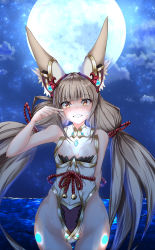 Rule 34 | 1girl, absurdres, animal ears, breasts, chest jewel, cowboy shot, detached sleeves, facial mark, fangs, grin, highleg, highleg leotard, highres, leotard, long hair, looking at viewer, low twintails, moon, nia (blade) (xenoblade), nia (xenoblade), night, outdoors, shindayomon, silver hair, small breasts, smile, solo, spoilers, tears, twintails, very long hair, wiping tears, xenoblade chronicles (series), xenoblade chronicles 2, yellow eyes