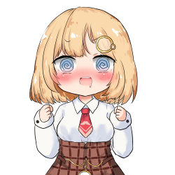 Rule 34 | 1girl, :d, @ @, bailingxiao jiu, blonde hair, blue eyes, breasts, brown skirt, collared shirt, drooling, hair ornament, hands up, high-waist skirt, hololive, hololive english, long sleeves, looking at viewer, medium breasts, mouth drool, necktie, open mouth, plaid, plaid skirt, pocket watch, red necktie, shirt, short necktie, simple background, skirt, sleeves past wrists, smile, solo, teeth, upper teeth only, virtual youtuber, watch, watson amelia, watson amelia (1st costume), white background, white shirt