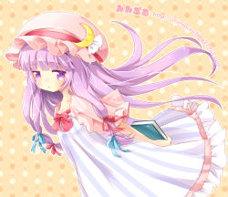 Rule 34 | 1girl, blush, book, bow, crescent, dress, hat, long hair, looking at viewer, mimi (mimi puru), patchouli knowledge, purple eyes, purple hair, solo, touhou