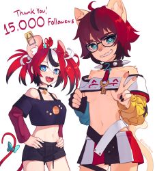 Rule 34 | 2girls, aeiou (yoako), ahoge, animal ears, areola slip, bare shoulders, black-framed eyewear, black gloves, black hair, black shorts, blue eyes, breasts, cat ears, cat girl, cat tail, collar, collarbone, cosplay, crop top, furry, furry female, glasses, gloves, grin, hakos baelz, hakos baelz (1st costume), hakos baelz (cosplay), hands on own hips, highres, hololive, hololive english, long sleeves, looking at viewer, medium breasts, milestone celebration, mouse ears, mouse girl, mouse tail, multiple girls, navel, original, parted lips, red hair, sharp teeth, short hair, short twintails, shorts, single glove, skirt, small breasts, smile, spiked collar, spikes, tail, teeth, twintails, v, virtual youtuber, white hair, yoako