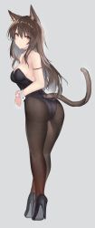 Rule 34 | 1girl, absurdres, animal ears, arknights, arm strap, ass, bare shoulders, black choker, black footwear, black leotard, blush, brown hair, brown pantyhose, cat ears, cat girl, cat tail, choker, closed mouth, clothing cutout, grey background, high heels, highres, kittysuit, leotard, long hair, nontraditional playboy bunny, orange eyes, own hands together, pantyhose, playboy bunny, simple background, skyfire (arknights), solo, strapless, strapless leotard, tail, tail through clothes, twisted torso, wrist cuffs, yki
